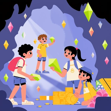 A group of cartoon children, three in total, are exploring a magical cave. One child has curly brown hair and is wearing a red backpack. Another child, with straight black hair, is holding a glowing green crystal in their hands. The third child, sporting freckles and a blue cap, is kneeling beside a pile of shiny gold coins. The cave walls are decorated with colorful, glowing crystals of various shapes and sizes, casting vibrant light across the scene. Hidden treasures are scattered throughout the cave, including a wooden chest slightly ajar, revealing sparkling gems inside. The atmosphere is filled with excitement as the children discover the wonders around them.