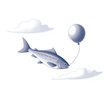 A fish with shimmering scales is gently floating through a clear sky. The fish appears to be gliding gracefully, its fins spread wide as it moves effortlessly. It is holding onto a large balloon with its small mouth. The balloon is round and buoyant, tied to the fish with a delicate string that drifts in the wind. The scene captures the surreal contrast of an aquatic creature in an aerial environment, as wispy clouds float around in the background.