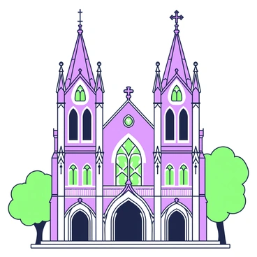 A grand exterior of a gothic-style cathedral is visible, featuring towering spires that reach high into the sky. The façade is detailed with intricate stone carvings, showcasing various religious figures and motifs. Large stained glass windows are evenly spaced along the walls, each displaying elaborate designs. At the base of the cathedral, arched doorways lead into the interior. A series of pointed arches and flying buttresses can be seen supporting the structure, emphasizing its height and grandeur. The scene is framed by lush greenery, with trees providing a natural backdrop.