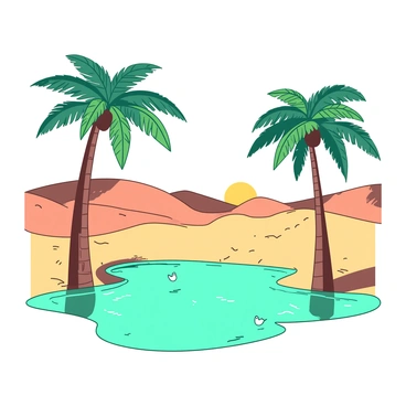 A teal oasis with clear water surrounded by tall palm trees is set against a backdrop of rolling sand dunes. The palm trees are swaying gently in the warm breeze, and their green fronds cast shadows on the fine golden sand. In the distance, the sun sets, casting a warm glow over the landscape, creating a contrast between the lush oasis and the arid desert. Small birds can be seen perched on the palm branches, adding life to the serene scene.