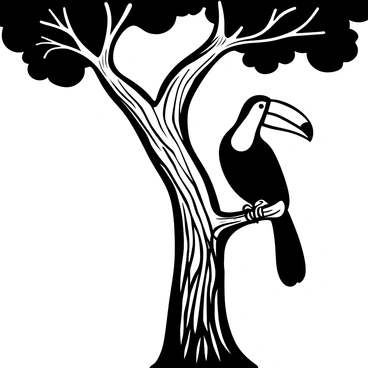 A toucan perched high on a branch of a tall tree, its large beak prominently displayed. The texture of the toucan’s feathers is detailed, showcasing its distinct shape and size. The tree has thick, textured bark and lush leaves surrounding the toucan. Sunlight streams through the leaves above, casting intricate shadows on the tree trunk and the toucan.