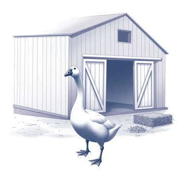 A goose standing upright with a vigilant posture near the entrance of a barn. The barn is constructed of white wooden planks, featuring large double doors that are slightly ajar. The goose has a strong, alert expression and is positioned at a slight angle, with its head turned to survey the surroundings. The ground is a mix of dirt and scattered hay, leading up to the barn's entrance. The scene conveys a sense of watchfulness and rural tranquility.
