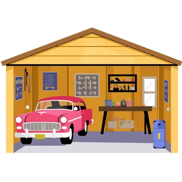 A backyard garage with wooden walls and a sloped roof. Inside, there is a classic car with a partially restored body, featuring bright red paint and chrome details. The garage is filled with various memorabilia, including old posters hanging on the walls, vintage tools hanging from hooks, and shelves lined with dusty boxes. A workbench is located in one corner, cluttered with wrench sets and paint cans. Sunlight streams in through a small window, illuminating the space with a warm glow.
