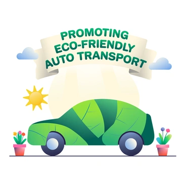 A car constructed entirely from vibrant green leaves is prominently displayed in the center of the image. The leaves are arranged skillfully to mimic the shape and structure of a car, with intricate details like leaf veins serving as design elements. Around the car, there are small potted plants with colorful flowers, emphasizing the eco-friendly theme. Above the car, a banner made of recycled material reads "Promoting Eco-Friendly Auto Transport" in bold, clear letters. The background features a sunny sky and a few fluffy clouds, enhancing the fresh, natural atmosphere.