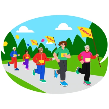 A group of runners of various ages, including children, teenagers, adults, and seniors, is participating in a charity race. Each runner wears colorful athletic gear, showcasing vibrant colors like red, blue, and green. They run energetically along a race path lined with green trees and a clear blue sky above. There are several "kindness" banners displayed prominently along the route, featuring bright lettering and cheerful designs. The runners smile and encourage one another as they race, embodying a spirit of community and support. Balloons in various colors float in the background, adding to the festive atmosphere of the event.