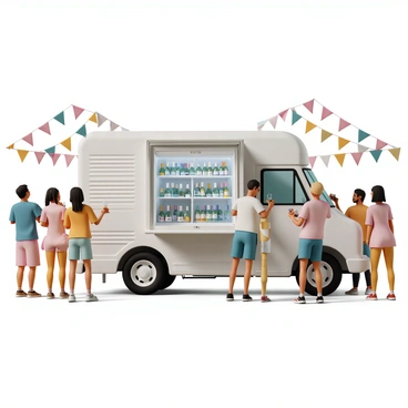 A large truck with an open fridge attached to the side, showcasing a variety of chilled wines in clear bottles. The fridge has glass doors and is filled with vibrant labels, reflecting colorful hues under the bright summer sun. Surrounding the truck, a lively summer concert scene with people dressed in casual summer clothing, enjoying the music. Some attendees are holding drinks while others are gathered around the truck, admiring the selection of wines. The atmosphere is festive, with colorful banners and decorations in the background, adding to the overall energy of the event.