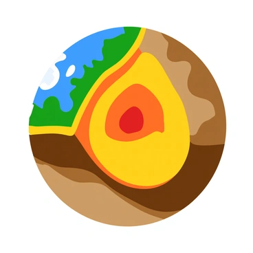 A detailed cross-section of Earth showcasing the layers, including the crust, mantle, outer core, and inner core. The mantle is highlighted with swirling, colorful convection currents depicted in shades of blue, green, and orange, illustrating the movement of molten rock. The crust is shown as a thin, fractured layer atop the mantle, with various geological features such as mountains and valleys. The outer core is represented in a metallic gold color, while the inner core is displayed as a solid, glowing red sphere at the center.