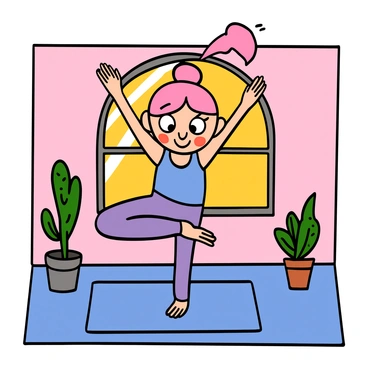A chibi anime girl with bright pink hair styled in big pigtails is practicing yoga poses in a peaceful room. She has large, expressive eyes and a cheerful smile. The girl is wearing a colorful workout outfit consisting of a light blue tank top and purple leggings. The room has soft, pastel-colored walls and a large window letting in warm sunlight. There is a yoga mat beneath her, and a few plants are placed in the corners of the room. The atmosphere conveys a sense of calm and focus as she balances in a tree pose.