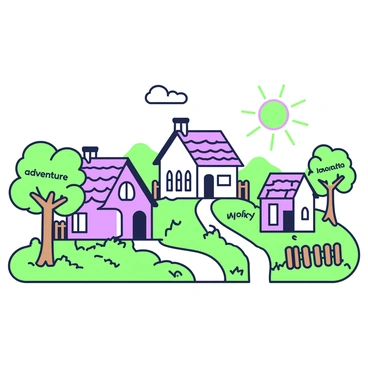 A village scene features several houses constructed from vocabulary words. Each house has a unique architectural style, with roofs made of words like "adventure" and "imagination." Surrounding the houses are trees that have leaves formed from various adjectives such as "colorful" and "vibrant." The ground is covered with grass made from words, and a path leads through the village, with word-based decorations like fences labeled with nouns. In the distance, a sun is rising, its rays represented by verbs radiating warmth across the village.