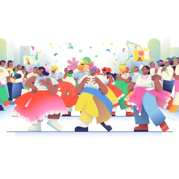 A lively parade is taking place in a bustling street. Groups of people are dancing energetically, showcasing their vibrant costumes in bright colors like red, blue, and yellow. Some dancers are twirling with streamers in their hands, while others hold musical instruments such as trumpets, drums, and maracas. Confetti is falling through the air, adding to the festive atmosphere. In the background, colorful floats are decorated with flowers and banners, and a crowd of cheering spectators lines the sides of the street, capturing the joyful moments on their phones.