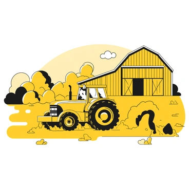 A yellow tractor is actively plowing the earth in a field, leaving behind freshly turned soil. Dust rises around the wheels of the tractor as it moves forward. In the background, there is a large barn with a classic design, featuring a sloped roof and large sliding doors. Surrounding the barn, there are green fields and a few scattered trees under a clear sky. The scene captures a typical rural landscape, emphasizing the interaction between agriculture and the countryside.