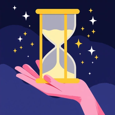 A hand holding a large hourglass with a golden frame. The hourglass contains luminous sand that glows brightly, creating a warm light. Surrounding the hourglass are numerous twinkling stars in the deep blue background of space. The hand is depicted with elegant details, contrasting with the ethereal glow of the hourglass.