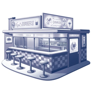 A retro diner with a prominent facade is illuminated by bright neon signs. The signs display various food and drink advertisements, casting reflections on the pavement below. The exterior features classic checkered patterns on the walls and the ground, enhancing the vintage aesthetic. The diner's large windows showcase the interior, where chrome bar stools and a long countertop are visible. The overall atmosphere conveys a lively nighttime vibe, with the glow of the neon lights contrasting against the dark sky.