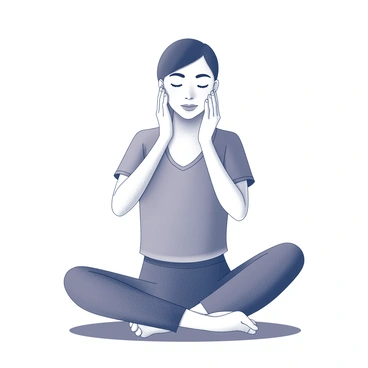 A person sitting cross-legged on a flat surface. Their hands are positioned on either side of their neck, applying pressure as if massaging it. The person's face shows a calm expression, with closed eyes and a slight smile. The surrounding area is minimal, emphasizing the serene posture and focus on self-care.