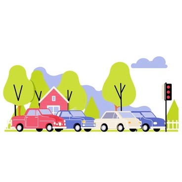 A line of red, blue, and white American cars is waiting at a traffic light in a quiet suburb. The cars are parked in a row, with a shiny pickup truck, a sleek sedan, and a vintage convertible among them. Lush green trees line the sides of the road, and a small brick house with a white picket fence is visible in the background. The traffic light is glowing red, adding a vibrant touch to the scene, while a few fluffy clouds float in the clear blue sky.