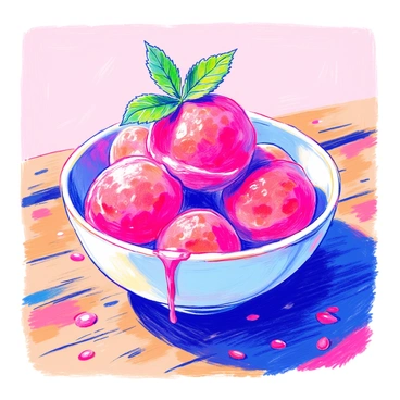 A bowl filled with bright raspberry sorbet is placed on a wooden table. The sorbet has a smooth texture and a rich red color. A sprig of green mint rests on top of the sorbet, adding contrast. The bowl is simple and white, allowing the vibrant color of the sorbet to stand out. Small melting droplets of sorbet cling to the sides of the bowl, hinting at its refreshing nature.