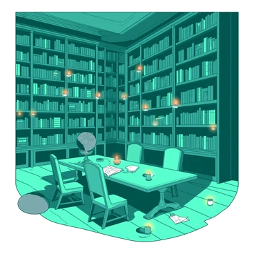 A teal grand library features towering bookshelves filled with countless books in various sizes and colors. The books are organized meticulously, stretching high towards a ceiling adorned with intricate woodwork. Floating candles emit a soft orange glow, illuminating the space and creating a warm atmosphere. A large, ornate wooden table sits at the center of the library, surrounded by high-backed chairs upholstered in rich fabric. The floor is polished wood, reflecting the flickering light from the candles. A few scattered scrolls and an antique globe add to the scholarly ambiance.