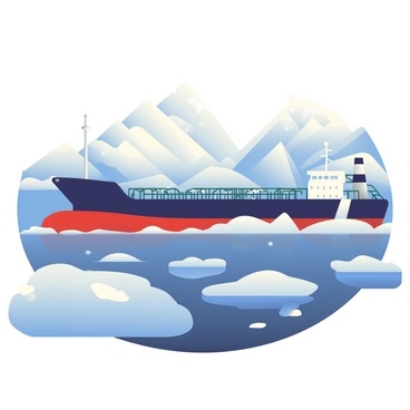 An oil barge is cutting through icy waters in a frozen landscape. The barge is large and sturdy, painted in dark colors with visible metal details. Ice chunks are floating around it in the water, reflecting the pale light of the overcast sky. In the background, snow-covered mountains rise majestically, their peaks capped with glistening frost. The foreground shows a mix of broken ice and dark water, and a few snowflakes are gently falling, adding to the winter atmosphere.