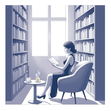 A cozy library filled with tall bookshelves lined with numerous books. In the foreground, there is a woman wearing a black dress seated in a comfortable chair. She is immersed in reading a book, with her head slightly bent and a focused expression. Sunlight streams through a large window, illuminating the space and casting soft shadows. The room has wooden flooring and a few scattered cushions for added comfort. A small table beside her holds a steaming cup of tea, enhancing the inviting atmosphere.