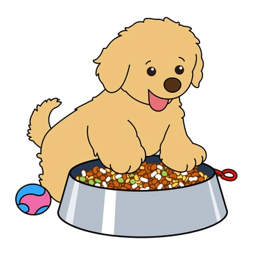 A small, playful puppy with fluffy golden fur and big, round brown eyes, sitting excitedly in front of a shiny silver dog bowl. The bowl is filled with colorful kibble and some wet food, creating a vibrant mix. The puppy is playfully pawing at the bowl, with its tongue out, ready to eat. In the background, there are a few scattered toys, including a blue rubber ball and a red rope toy. Sunlight is shining down, illuminating the scene and highlighting the puppy's joyful expression.