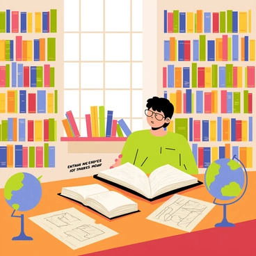 An illustration of a rare bookshop featuring tall shelves filled with numerous colorful books. A person with glasses is examining a unique, ancient book placed open on a rustic wooden table. Soft light filters through a window, creating a warm ambiance in the shop. Various globes and antiquarian maps are scattered around the table, adding to the atmosphere of exploration and knowledge. The walls of the bookshop are adorned with framed vintage illustrations and literary quotes painted on the surface.