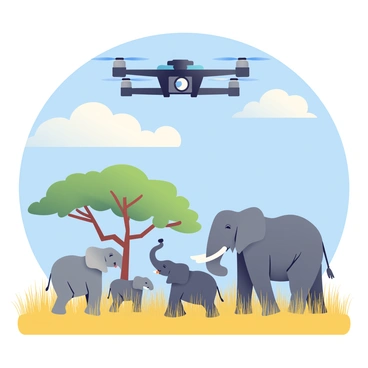A drone with a sleek, black design is hovering in the sky, capturing images of a herd of elephants below. The elephants, with their large ears and wrinkled grey skin, are seen roaming across the golden savannah. Tall grass sways gently in the wind around them, and a few acacia trees provide shade in the background. The sky is a bright blue with fluffy white clouds scattered across it, creating a vibrant backdrop to the scene. The drone's camera is focused on a group of three young elephants playfully interacting while a larger elephant stands nearby, watching over them.
