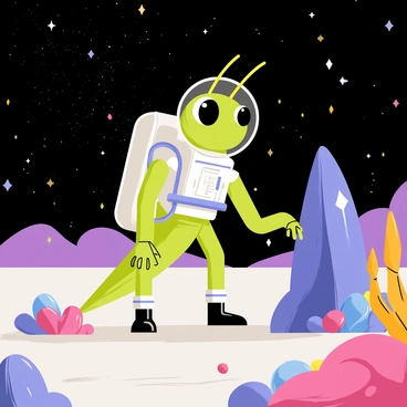 A grasshopper astronaut wearing a shiny silver space suit stands on a rocky surface of a distant planet. The space suit features a round helmet with a clear visor, allowing the grasshopper's green body to be visible inside. In the background, a vast starry galaxy glimmers with numerous bright stars and swirling colors. The planet's surface is dotted with small, colorful crystals and unique, alien vegetation. The grasshopper looks curiously at an unusual rock formation nearby, taking in the otherworldly scenery surrounding it.