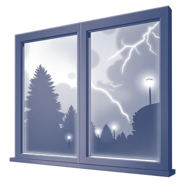 A window with droplets of water sliding down its surface. The glass appears fogged in areas, creating a blurred view of the outside. In the background, silhouette outlines of trees sway in the wind. There are dark clouds filling the sky, hinting at an impending storm. The faint light from streetlamps glimmers through the rain, casting a soft glow. Occasional flashes of lightning illuminate the scene, briefly revealing the surroundings. Distant thunder rumbles in the background, suggesting an active storm in the vicinity.