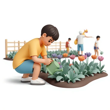 A child watering plants in a community garden, respecting the environment.