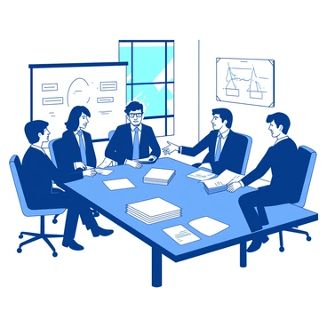 A group of five lawyers is seated around a large, rectangular conference table. The table is covered with a stack of white papers, open folders, and files filled with documents. Each lawyer is engaged in an animated discussion, with one lawyer gesturing towards a document, while another leans forward, listening intently. A large window in the background allows natural light to illuminate the room, casting soft shadows on the table. The lawyers are dressed in formal attire, showcasing a mix of dark blue and gray suits. A whiteboard with notes and diagrams is visible on one wall, adding context to their strategic planning.