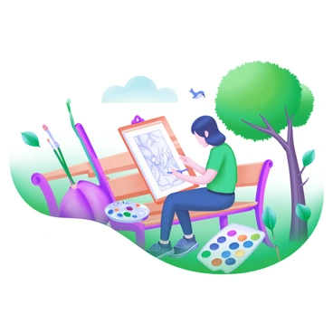 An illustrator sitting on a wooden bench in a park, surrounded by vibrant green trees and blooming flowers. The artist is focused on sketching in a notebook, using colored pencils. Next to them, a variety of art supplies are spread out, including a watercolor palette and brushes. In the background, a gentle breeze causes leaves to rustle, and a few birds can be seen perched on branches. The scene captures the essence of nature's beauty inspiring creativity.