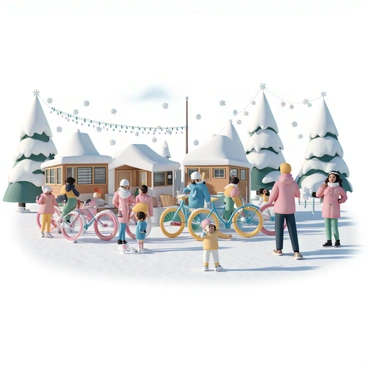 A winter festival scene filled with excitement and joy. There are several colorful ski bikes on display, showcasing vibrant designs in shades of red, blue, green, and yellow. Families and friends are gathered around, admiring the ski bikes and chatting animatedly. Snow covers the ground, sparkling under the bright winter sun. In the background, snow-covered trees stand tall, and decorative lights hang from nearby stalls. Children are seen playing in the snow, and a few people are bundled up in warm winter coats, scarves, and hats, enjoying the festive atmosphere.