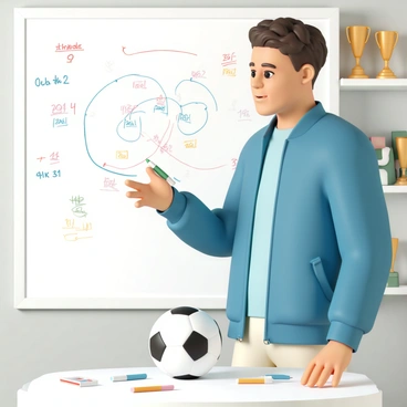 A man, wearing a blue jacket and a light blue shirt, is standing in front of a large whiteboard. He is holding a green marker in his right hand, while his left hand gestures as he explains the game strategy. The whiteboard is filled with various colorful drawings, including player positions and tactics, in vibrant shades of red, blue, yellow, and green. On the table beside him, there are additional colorful markers scattered around, along with a notepad. The background features a sports-themed room with a soccer ball and a few trophies visible on shelves.