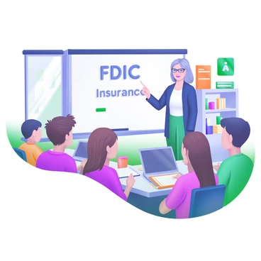 A classroom setting featuring a teacher standing in front of a whiteboard. The teacher, a middle-aged woman with glasses, is pointing at the words "FDIC Insurance" written on the board in clear letters. Surrounding her are several students, including a diverse group of boys and girls, attentively listening and taking notes. Some students have laptops open, while others have notebooks and pens. The classroom is bright, with colorful educational posters on the walls, a large window letting in natural light, and a shelf filled with books and supplies in the background.