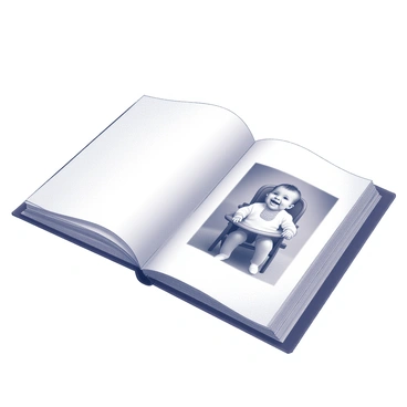 An open photo album lying on a flat surface. One page displays a black-and-white photograph of a baby sitting in a high chair. The baby has chubby cheeks and is smiling, with a small bib around their neck. The high chair is made of wood, featuring a classic design. The other side of the album page remains blank, while the edges of the album are slightly worn, indicating its age.