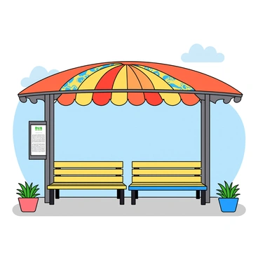 A bus stop featuring a large, vibrant canopy adorned with a variety of colorful patterns. The canopy has a curved shape, providing a covering for those waiting. Below the canopy, there are two bright benches made of wood. Each bench is painted in different hues, one in a sunny yellow and the other in a cheerful blue. Surrounding the bus stop, there are small potted plants with green leaves, adding a touch of nature to the scene. A bus schedule can be seen on a nearby post, clearly visible for commuters. The background includes a light blue sky with a few fluffy white clouds.
