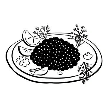 A glass platter holds a generous spread of caviar, glistening in the light. Surrounding the platter are various garnishes, including sprigs of finely chopped herbs, lemon wedges, and small dollops of crème fraîche. The arrangement is elegant and meticulous, showcasing the luxurious texture of the caviar against the smooth surface of the glass. The garnishes add a touch of freshness and contrast, creating a visually appealing composition.