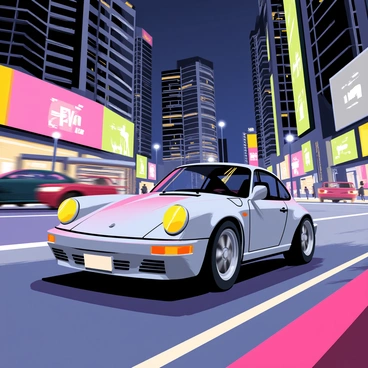 A sleek silver Porsche 911 speeds through a busy cityscape at night. The car is capturing reflections of vibrant neon lights in shades of pink, blue, and green on its polished surface. Skyscrapers with illuminated windows rise on either side of the road, creating a dynamic urban backdrop. The scene is filled with blurred motion effects, emphasizing the speed of the car as it races past other vehicles and pedestrians. Bright billboards flash advertisements in the distance, adding to the lively atmosphere of the bustling city.