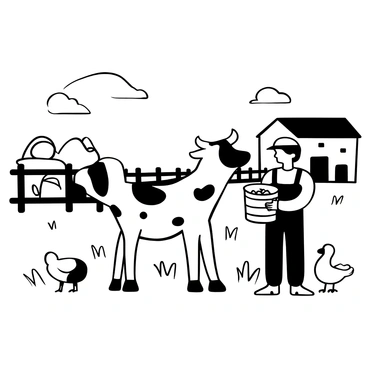 A two-headed calf standing in a grassy area of a farm. A farmer wearing overalls is in the foreground, holding a bucket filled with feed for the animals. Nearby, there are chickens pecking at the ground and a wooden fence in the background. A barn can be seen in the distance, with hay bales stacked outside. The sky is clear, and a few clouds can be spotted overhead.
