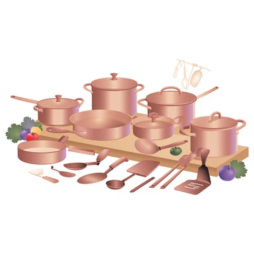 A digital flat illustration showcasing a gourmet cooking set arranged on a wooden kitchen countertop. There are several shiny copper pots of varying sizes, including a large stock pot and smaller saucepans. In front of the pots, there are matching copper frying pans with long handles. Scattered around the pots and pans are utensils made of polished copper, such as ladles, spatulas, and whisks, all neatly arranged. The countertop is complemented by a few fresh ingredients, including vibrant green herbs and colorful vegetables, adding a touch of freshness to the scene.
