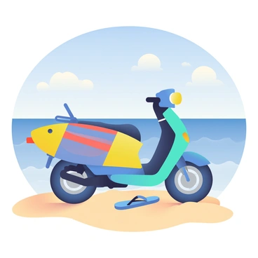 An electric moped parked on a sandy beach with a surfboard attached to it