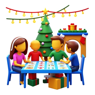 A festive setting adorned with colorful holiday decorations. Brightly lit string lights hang overhead, casting a warm glow. A table is set with a themed holiday quiz game, featuring vibrant cards and playful illustrations. A family of four is gathered around the table, engaged and smiling as they answer questions. The background includes a decorated Christmas tree with ornaments and a star on top, alongside wrapped gifts beneath the tree. Stockings are hung on a nearby mantel, adding to the joyful atmosphere.