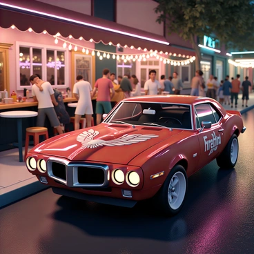 A Pontiac Firebird, painted in a glossy red finish, is parked near a bustling bar. The car's striking bird decal is prominently displayed on the hood, showcasing intricate details. In the background, people are gathered outside the bar, chatting and laughing. The bar has a lively ambiance, with string lights illuminating the scene and patrons enjoying drinks at small tables. The pavement is wet from a recent rain, reflecting the colorful lights and adding to the vibrant atmosphere.