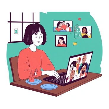 A person connecting with friends from different countries via a video chat, showcasing cultural items.