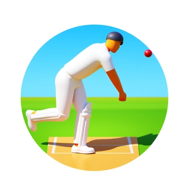 A cricket bowler in a white cricket uniform is delivering a fast ball. The bowler is in mid-delivery, with one foot raised and the ball poised for release. The sunlit pitch is visible beneath them, casting sharp shadows and illuminating the bright green grass of the outfield. In the background, a clear blue sky can be seen, enhancing the vibrant colors of the scene. The bowler's focus is sharp, and the tension of the moment is palpable.