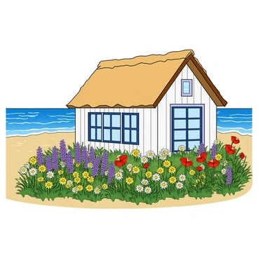 A quaint seaside cottage with white clapboard siding and a thatched roof sits invitingly. The cottage has large, cheerful windows framed in blue. Surrounding the cottage is a vibrant garden overflowing with a variety of wildflowers in different colors, such as yellow daisies, purple lavender, and red poppies. The flowers sway gently in a light breeze. In the background, the ocean is visible, glistening under a clear blue sky. A sandy beach stretches along the shoreline, with gentle waves lapping at the shore. The scene captures a perfect day by the sea, filled with natural beauty.