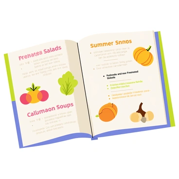 A cookbook page displaying a collection of seasonal recipes. The page includes colorful headers for each recipe, with titles such as "Summer Salads" and "Autumn Soups" written in bold, playful fonts. Surrounding the recipes are vibrant illustrations of fresh ingredients, including ripe tomatoes, crisp lettuce, and fragrant herbs for the summer section, and pumpkins, squash, and garlic for the autumn section. Each ingredient is detailed, showcasing textures and colors, creating an inviting and appetizing visual presentation.