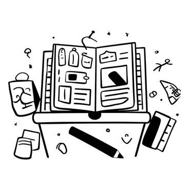 An open illustrated syllabus displayed on a wooden desk, featuring various sections with colorful pop-up elements emerging from the pages. Liftable flaps are visible at the corners, revealing hidden notes beneath them. The syllabus is adorned with detailed illustrations of educational themes, including books, pencils, and science icons. The desk is scattered with a few stationery items, such as a ruler and a notepad, enhancing the study atmosphere.