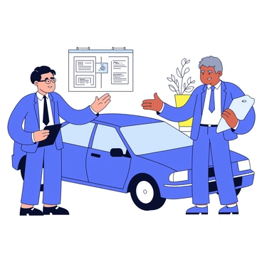 An insurance agent is standing next to a blue sedan, wearing a neat suit and holding a clipboard. The agent is gesturing towards the car while explaining key points about transport coverage. The car owner, a middle-aged individual, appears attentive and is leaning slightly forward. There are informational brochures displayed on the clipboard showing various transport coverage options. The background features a simple office setting with a desk and a few potted plants.