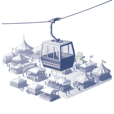 A sky gondola suspended high above a lively fairground. The gondola is made of transparent materials, allowing a clear view of the vibrant activities below. Below, a crowd is gathered, with people enjoying various attractions, including colorful carnival rides and game booths. Several tents line the paths, creating a busy atmosphere. The fairground is filled with details such as food stalls and clusters of people interacting, all seen from the vantage point of the gondola.